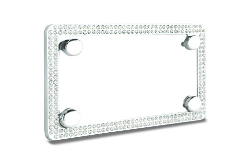 Motorcycle Double Rows White Color(A-Type Screw Cap) Glass Crystal Embedded Metal Chrome License Plate Frame with Free Caps
