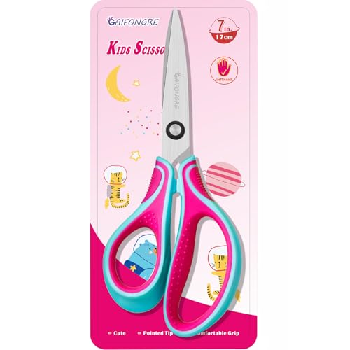 7 Real Left-Handed Kids Scissors for Ages 8+ Pointed Tip Stainless Steel Blade Ergonomic Soft Grip Great for School Classroom DIY Art Scrapbooking & Craft Projects