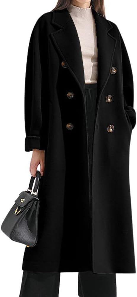 chouyatou Women's Winter Double Breasted Wool Coat Business Casual Midi Long Winter Trench Coat with Belt