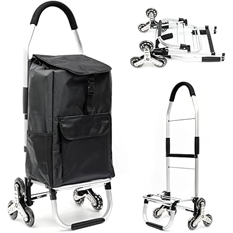 Folding Shopping Cart for Groceries Heavy Duty Stair Climber Cart with Tri-Wheel Metal Utility Trolley with Foldable Chair, Bigger Waterproof Shopping Bag, Adjustable Elastic Rope Cover