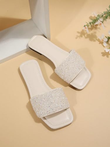 GORGLITTER Women's Rhinestone Sandals Glitter Strappy Sequin Shoes Square Toe Sparkly Flat Sandals2