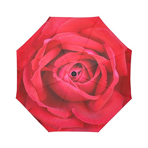 Interestprint Beautiful Romantic Rose Windproof Automatic Open And Close Folding Umbrella,Girly Flower Travel Lightweight Outdoor Umbrella Rain And Sun,Red #TOP1