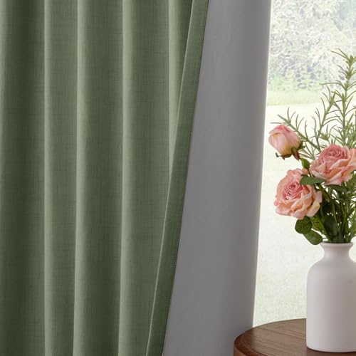 Image of INOVADAY 100% Blackout Curtains for Bedroom, Moss Green Black Out Curtains 120 Inch Long, Clip Rings Linen Blackout Drapes, Thermal Insulated Room Darkening for Living Room, 2 Panels - W50xL120