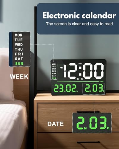 Image of Digital LARGE Wall Clock, Digital Clock Large Display, Dual Alarms, Automatic Brightness Dimmer- Easy Track The Time, Date, Day of Week and Temperature, with Remote Control (16 inch SQUARE GREEN &WHITE)