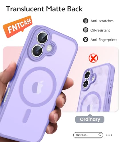 Image of FNTCASE for iPhone 16 Case: [Compatible with Magsafe] Translucent Matte Cases with [Full Camera Protection] [Screen Protector] Military Grade Shockproof Protective Phone Cover - Light Purple