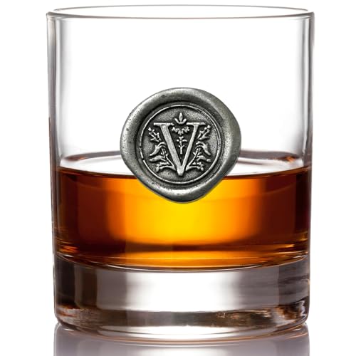 English Pewter Company 11oz Old Fashioned Whiskey Rocks Glass With Monogram Initial - Unique Gifts For Men - Personalized Gifts With Your Choice of Initial (V) MON122