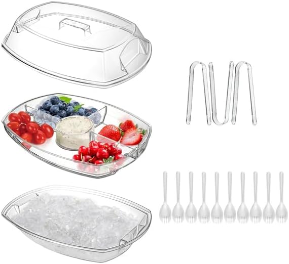 Fruit Ice Serving Tray Chilled Veggie Tray Shrimp Cocktail Serving Dish Appetizer Party Serving Platter Cold Food Buffet Server with Lid and 4 Compartments 3 Tongs 10 Sporks