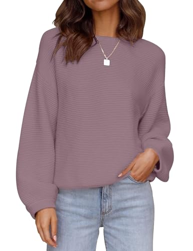 Image of ZESICA Women's Crew Neck Long Lantern Sleeve Fall 2026 Casual Loose Ribbed Knit Solid Soft Pullover Sweater Tops