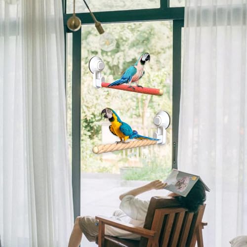 Image of 2Pcs Bird Perch Stand with Suction Cup, Wooden Parrot Shower and Window Perch Stand, Wall Bath Car Travel Perch Stand for Small and Medium Bird