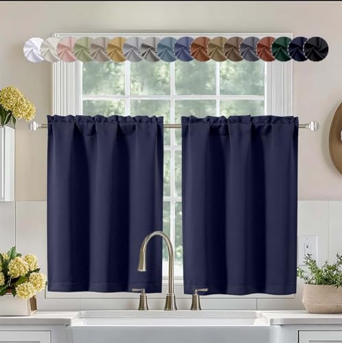 Image of Aiyufeng Navy Blue Short 36 Inches Blackout Curtain 2 Panels Set, Half Window Rod Pocket Privacy Curtain Tiers for Kitchen, Curtains Blackout for Bathroom Shades, W40 x L36 Inch, Navy Blue
