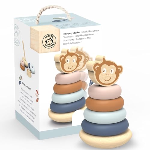 Image of SPEEDY MONKEY Roly Poly Stacker Toy for Toddlers Wobble Base FSC Wood | colorful rings, wobble base, FSC wood, ring stacker toy, sorting & stacking toys, sensory fine motor learning, toddler gift