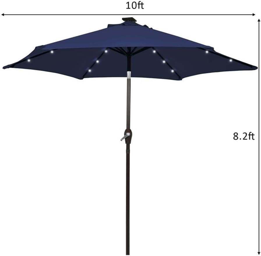 Pemberly Row 10ft Patio Solar Umbrella, LED Lights, Steel Frame with Tilt Mechanism, Navy Canopy, Outdoor Market Sunshade for Patio or Garden Use