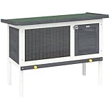 PawHut Hasenstall Kaninchenstall aus Holz 90x45x65 cm erhöhter Kaninchenkäfig mit aufklappbar Bitumendach, herausziehbarer Schublade, Tür, Metallgitter, Hasenkäfig für Kleintiere Outdoor Grau
