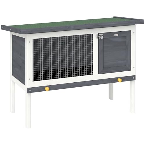PawHut Hasenstall Kaninchenstall aus Holz 90x45x65 cm erhöhter Kaninchenkäfig mit aufklappbar Bitumendach, herausziehbarer Schublade, Tür, Metallgitter, Hasenkäfig für Kleintiere Outdoor Grau