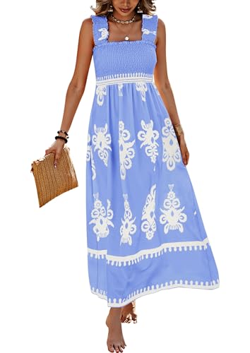 Image of PRETTYGARDEN Women's Sleveless Boho Maxi Dress | Boho Floral,Square Neck,Wide Ruffle Straps,with Pockets,Smocked A Line Dresses,Flowy Sundress for Summer Beach,Travel,Party