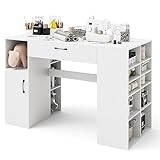 COSTWAY Wooden Sewing Table, 2-in-1 Artwork Craft Table with Drawer, 14 Open Compartments, Adjustable Shelf & Door Cabinet, Drafting Sewing Machine Table Computer Desk Workstation, 135x60x91cm, White