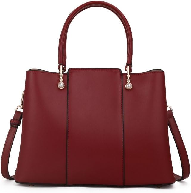 Top-grain leather checkered red handbag with detachable shoulder strap, large capacity, single-strap tote bag for women, purse