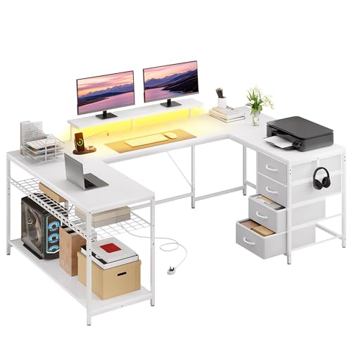 YITAHOME 158×100 cm Corner Desk with Drawers Reversible L Shaped Computer Desk with LED Lights U Shaped Gaming Table with Powers Outlets Work Desk With PC Stand for Home Office White