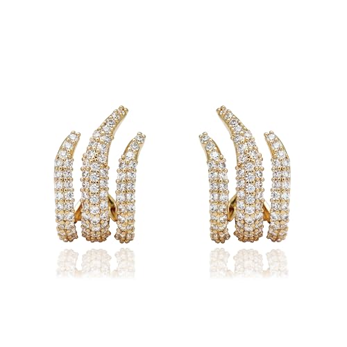 Image of Obidos 14K Gold Plated Illusion Stud Earrings for Women | Triple Huggie Hoop Earrings for One Hole| Trendy Simple Hypoallergenic Fashion Accessories Gold Jewelry Gifts for Womens