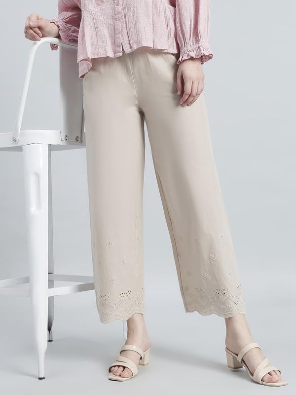 Image of GO COLORS Women Cotton Hakoba Wide Pant Ankle Length, Floral Embroidery, Relaxed Fit, Mid-Rise with Side Pocket