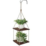 POTEY Hanging Plant Shelf 2 Tier Wood Planter Hanger Pot Holder with Jute Indoor Brown Rustic...