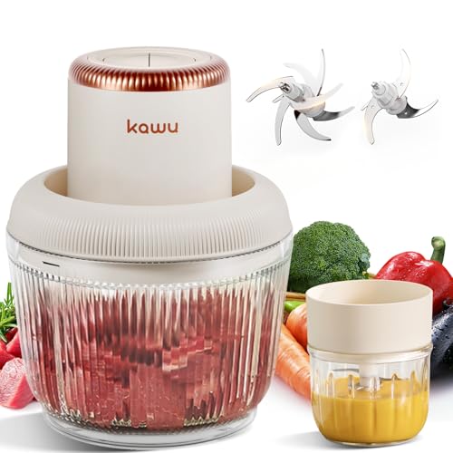 Image of Kawu Electric Food Processor, Electric Meat Grinder & Vegetable Chopper with 2 Bowls, 200W Mini Food Processors with Stainless Steel Blades, Garlic Grinders for Onion, Fruit for Home and Kitchen