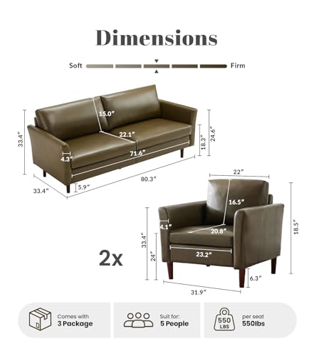 Image of Kingfun 3 Piece Living Room Furniture Sets, 3 Seater Couch and 2 Armchair, Faux Leather Couch Set, Mid Century Modern Sofa Set with Solid Wood Frame for Living Room, Office, Olive Green