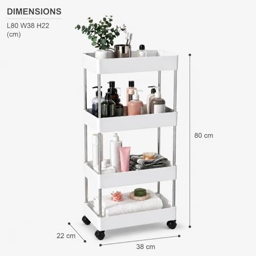 Image of Multipurpose 4-Tier Plastic Storage Rack with Wheels - Slim Organizer Shelf for Kitchen, Bathroom, Office & Home Use (White)