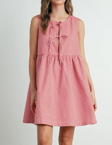 Image of Womens Mini Red Stripe Bowknot Dress Round Neck Sleeveless A Line Casual Dresses