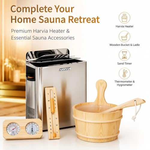 Image of 4 Person Outdoor Vertical Barrel Sauna, Cedar Wood Traditional Sauna | Premium cedar wood construction, 6KW Harvia electric heater, backyard-ready design for garden and home outdoor relaxation