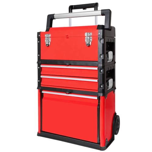 Image of Stackable Rolling Tool Box Portable Metal Toolbox Organizer with Wheels and 2 Drawers Separate Rolling Upright Trolley Tool Chest for Garage or Workshop, Red