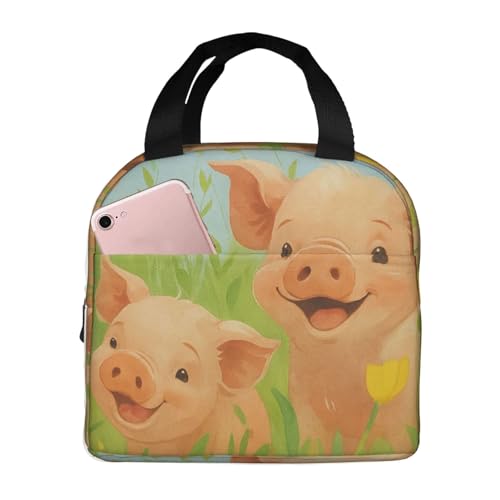 Cerdo De Granja Feliz En Un Prado De Flores Bolsa Porta Alimentos Impermeable Bolsa Almuerzo Aislante Bolsas De Almuerzo Para Escuela Oficina Viajes 22X20X13Cm