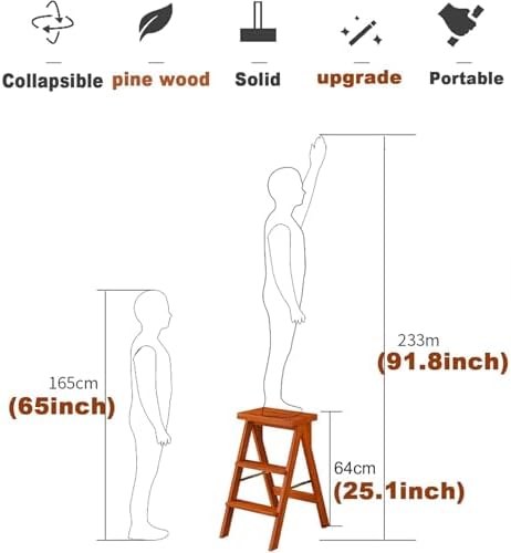 Wooden Folding Library Ladder Chair - Convertible Stool & Stepladder for Adults, Max Weight 100kg, Wine Red with Cushion, Portable Design & Flower Shelf Feature