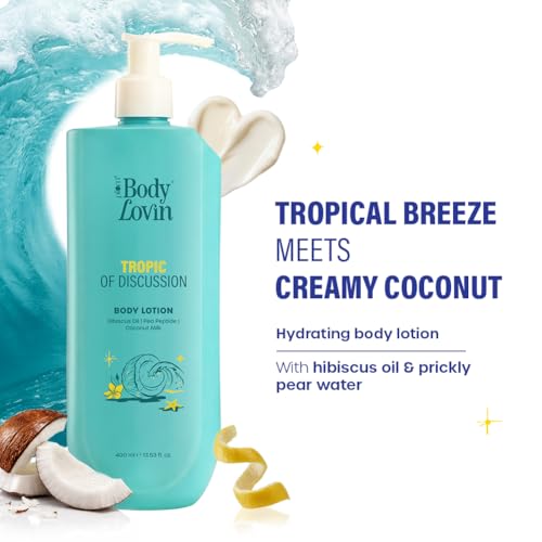 Image of Plum BodyLovin' Tropic Of Discussion Body Lotion | Firming & Tightening Body Lotion | Lightweight Hydration | Hibiscus Oil, Pea Peptide & Coconut Milk | Fresh Tropical Fragrance | 400 ml