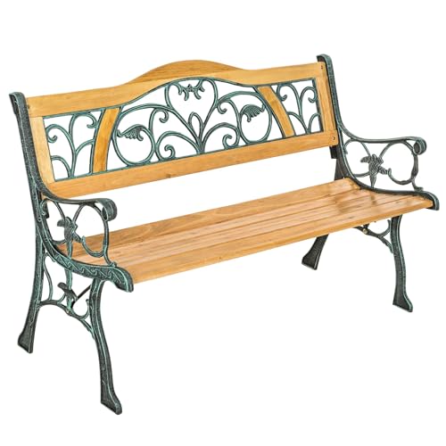 TecTake® Banc de Jardin Solide en Bois Naturel laqué et Fer Forgé, Banquette de Jardin Résistant aux intempéries, Mobilier de Jardin pour Amenagement Balcon Terrasse Veranda Pergola