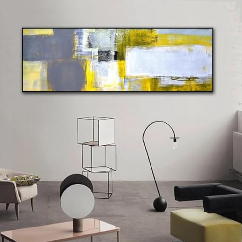 Peinture murale abstraite moderne pour salon affiche impression toile jaune gris 55x165