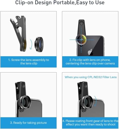 Textiluxe 6 en 1 Objectif Macro Smartphone, objectifs pour téléphones Portables, Fisheye 205° + Grand Angle 140° + Objectif Macro (25x), ND Filtre CPL/Star compatibilité Universelle Smartphone – vue 6