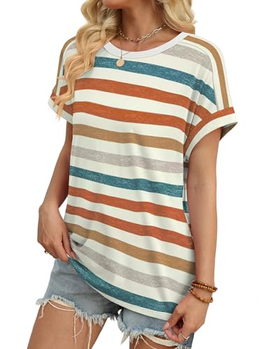 WIHOLL Summer Tops for Women 2026 Trendy Spring Break Essential Plus Size Clothes Beach Vacation Cute Outfits Dressy Casual Blouses Orange Stripes XL