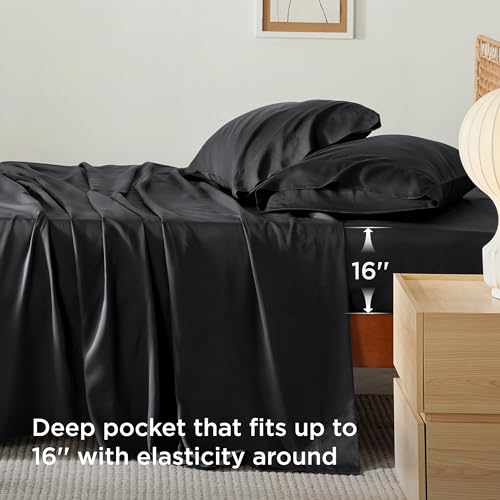 Image of Bedsure Cooling Sheets Twin XL, Rayon Derived from Bamboo, PureWoven, Breathable & Soft Twin XL Sheet Sets, Deep Pocket Up to 16 Inches, Hotel Luxury Silky Dorm Bedding for Hot Sleepers, Black