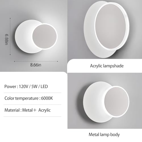 Image of Modern LED White Wall Sconces Set of Two Acrylic Wall Lights Lighting Fixture 6000K White Light 8W Dimmable Wall Lamp Round Sconces Wall Lighting for Indoor Bedroom Bedside Hallway