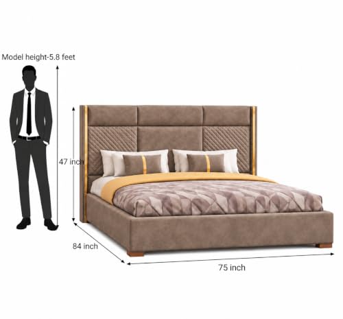 Image of Royal Modern Upholstered King Size Bed with Hydraulic Storage for Bedroom | Wooden Double Beds for Home & Hotels | Platform Cot Bed with Upholstery Fabric, 6.5 x 6 Ft | Sheesham, Brown