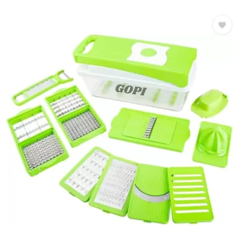 GOPI 14 in 1 Multipurpose Chopper, Fruits & Vegetable Cutters, Grater Peeler Chipser, Unbreakable Food Grade Body, Easy Push to Clean Button Slicer Dicer, Chopper for Kitchen (Green, Plastic) (B0D3M5PG41) Amazon Price History, Amazon Price Tracker