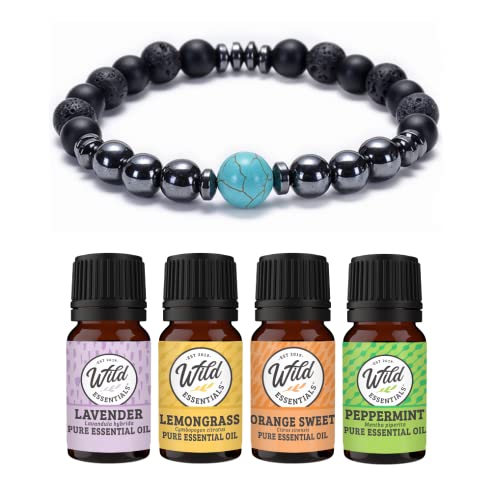 Wild Essentials Turquoise and Hematite Lava Stone Essential Oil Diffuser Bracelet, Expandable Elastic, Aromatherapy Jewelry Gift Set and 100% Pure Oils (Lavender, Lemongrass, Orange and Peppermint)