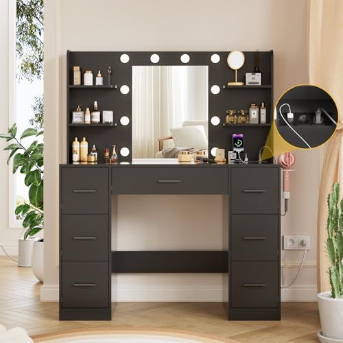 Airfish Tocador de Maquillaje con Luces LED, Brillo Ajustable, Mesa Tocador con 7 Cajones de Almacenamiento y Enchufes, Gran Espejo de 10 Bombillas y 6 Estantes, Moderno, 110 x 40 x 137 CM Negro - imagen 9