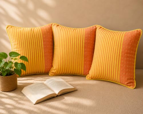 Image of RANGBHAR Handloom 100% Cotton Cushion Cover Set of 3 | Cushion with All-Around Piping for Premium Finish | 16x16 Inches Hand Woven Striped Cushion Covers - Orange Yellow