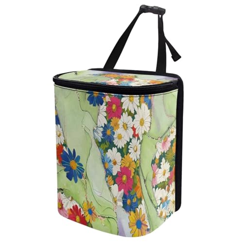 Image of Hippie Flower Green Marble Car Trash Can Bin with Lid,Colorful Groovy Flower Hanging Automotive Garbage Cans Portable Waste Basket Automotive Interior Organizer Accessory