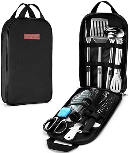 Odoland Camping Cookware Utensils Travel Set, Camp Kitchen Utensil Organizer, Cutting Board, Kitchen Scissors, Slotted Tongs Seasoning Bottle and Case for Backpacking, Outdoor Black