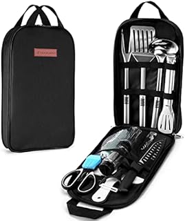 Odoland Camping Cookware Utensils Travel Set, Camp Kitchen Utensil Organizer, Cutting Board, Kitchen Scissors, Slotted Tongs Seasoning Bottle and Case for Backpacking, Outdoor Black