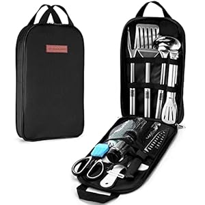 Odoland 14pcs Camping Kitchen Utensils Set, Portable Outdoor Cooking Utensil Mess Kit with Water Resistant Organizer Case for Backpacking BBQ Camping Hiking Travel, Black