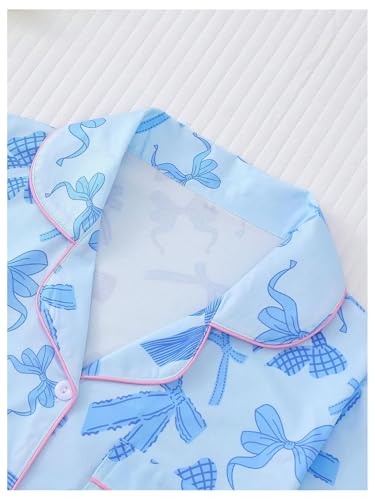 Image of SHENHE Women's 2 Piece Pajama Set Bow Graphic Button Down Short Sleeve Lapel Shirt Pj Short Set